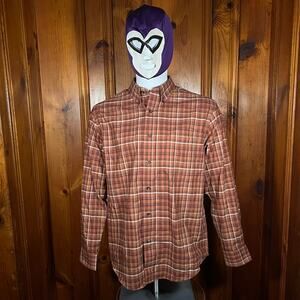 St John's Bay M Classic Button Down Orange Brown Plaid Fall Casual Shirt